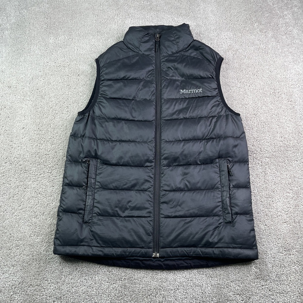 Marmot Vest Mens Small Black Puffer 800 Fill Goose Down Quilted Outdoor Gilet